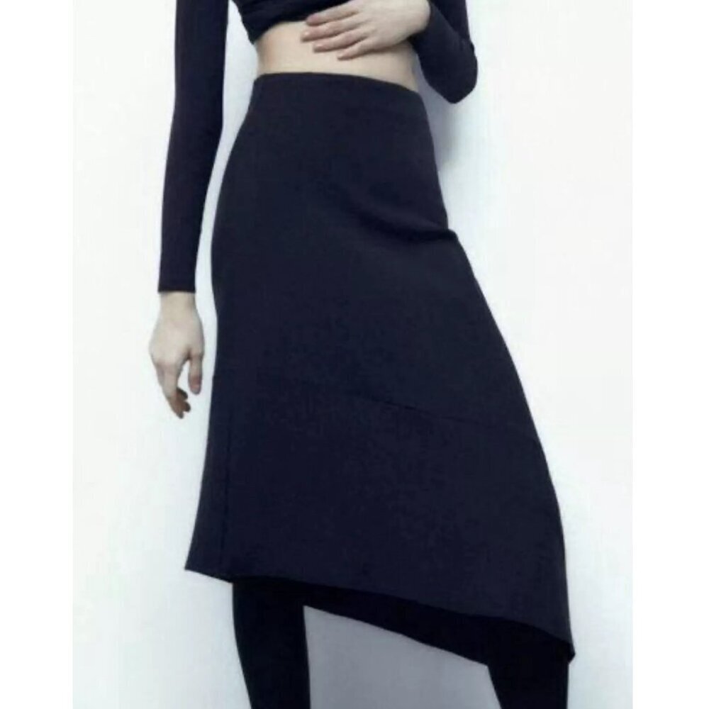 NWT New Zara Asymmetrical Ribbed Knit Navy Viscose Skirt Size L - Picture 3 of 7